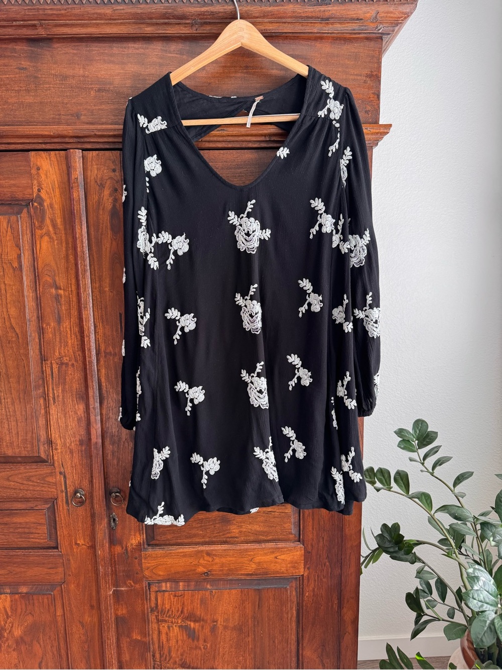 Free People Austin Emma Mini Swing Dress in black with white floral embroidery